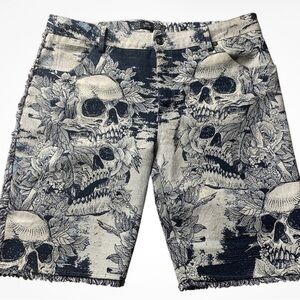 Black and White Skull Print Men's Flat Front Shorts